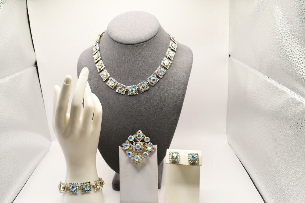Vintage AB Rhinestone Jewelry Set Necklace Bracelet Earrings Brooch
